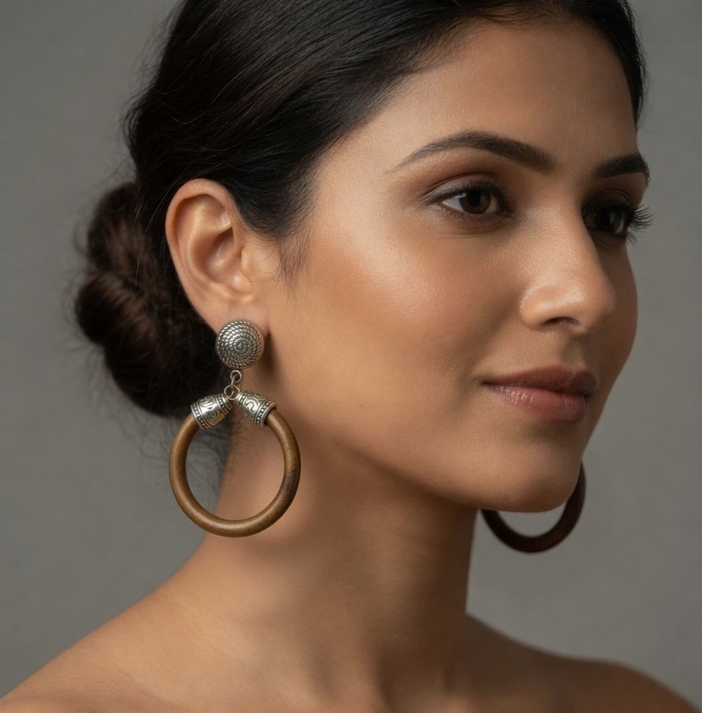 Boho Dangle Earrings 3" Brown Hoop Silver Spiral Stud Ethnic Statement Jewelry